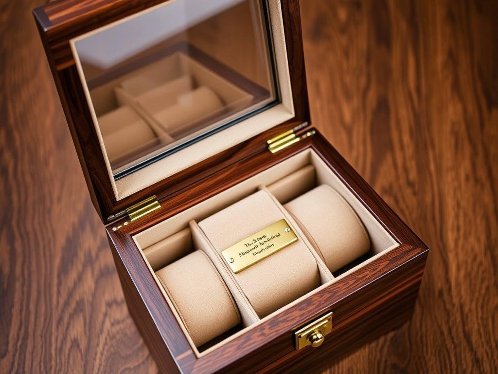 Engraved wooden watch box for groomsmen with personalized message inside