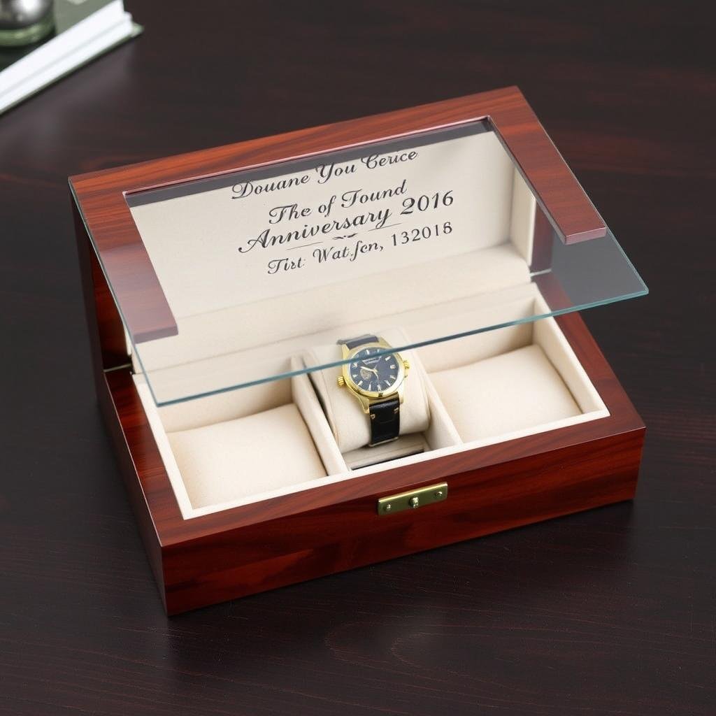 Engraved wooden watch box with anniversary date as a 1 year anniversary gift