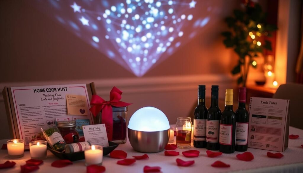 Experience-based last minute valentines gifts including a cooking class kit, star projector, and wine tasting set arranged in a romantic setting