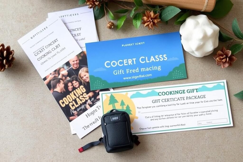 Experience gifts represented by concert tickets, cooking class voucher, and outdoor adventure package