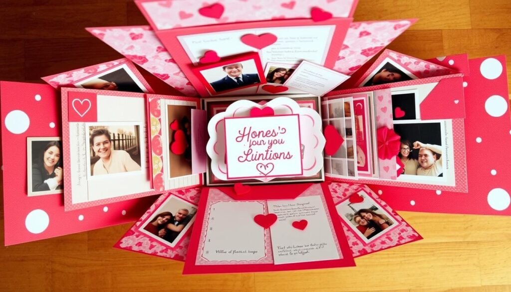 Explosion box with photos and messages unfolding to reveal multiple layers
