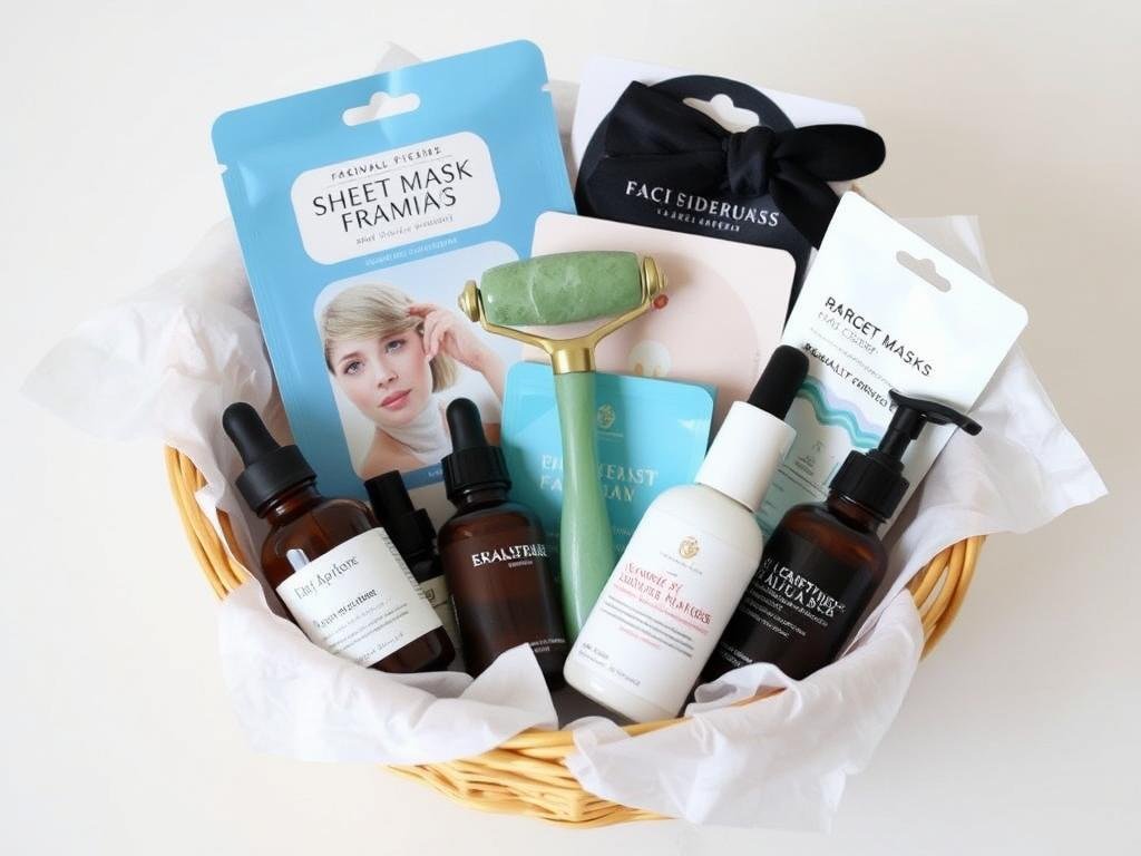 Facial care gift basket with sheet masks, jade roller, and skincare products arranged in a round basket