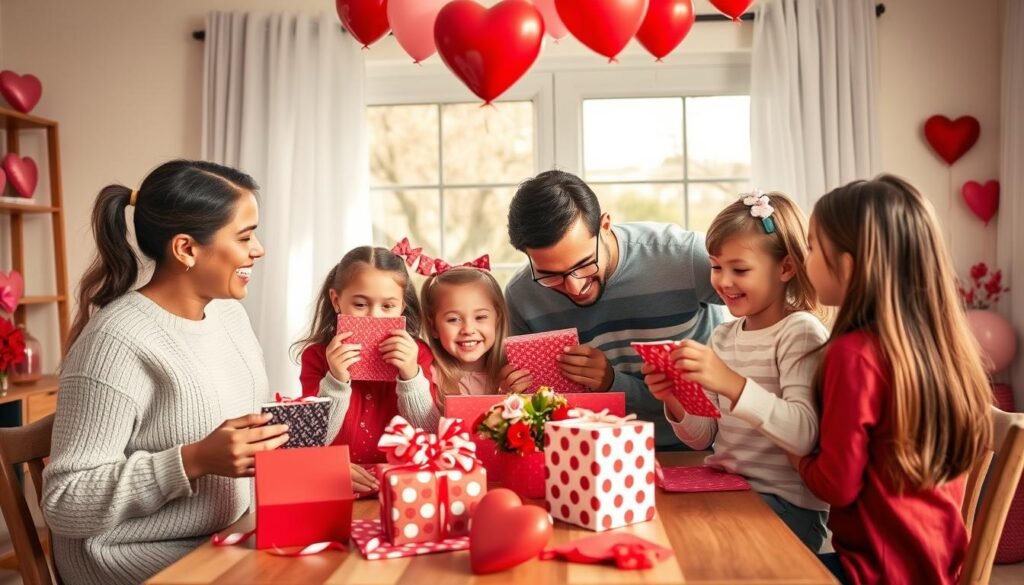 Family celebrating Valentine's Day together with children opening gifts
