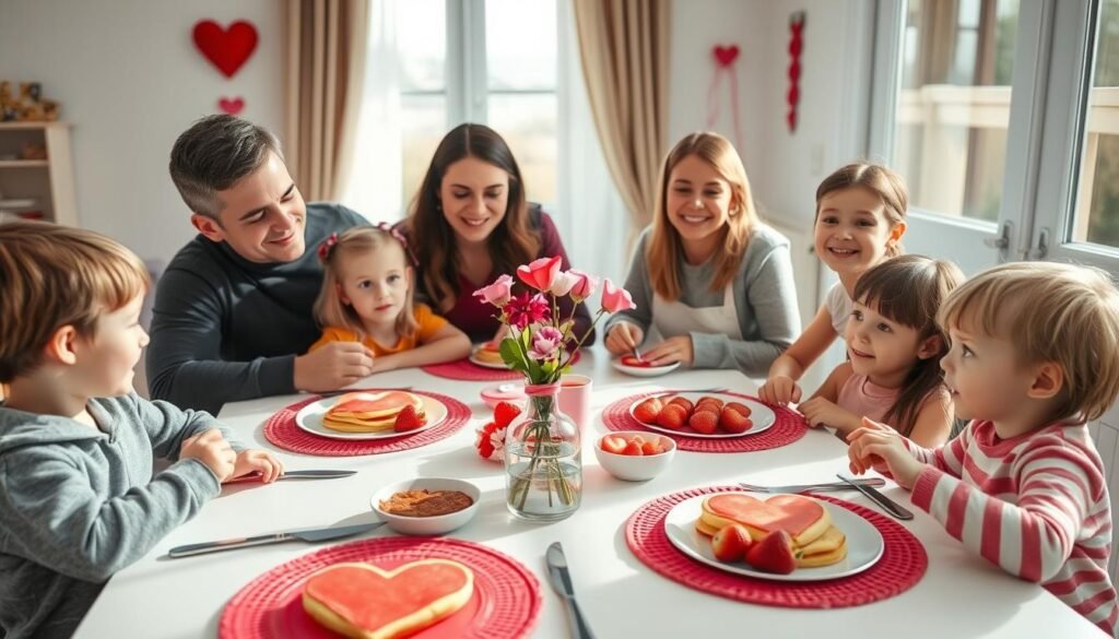 Family celebrating Valentine's Day with special breakfast and decorations