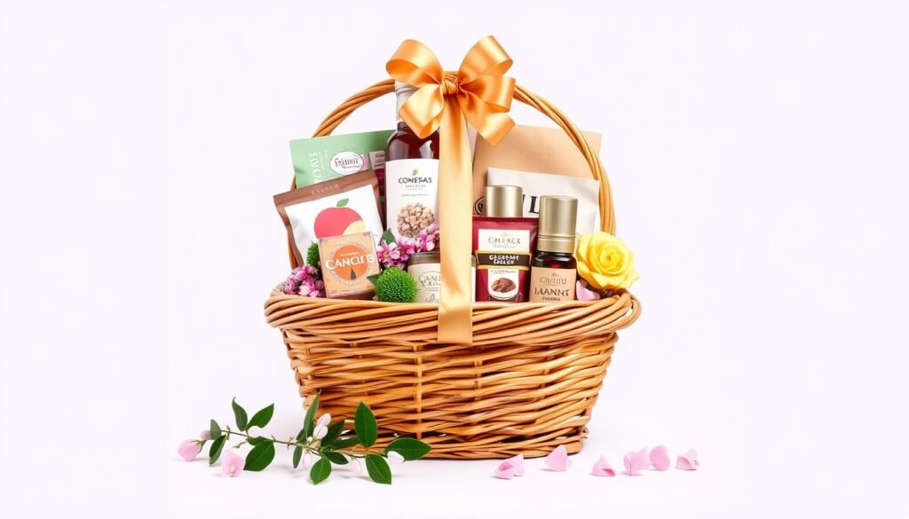 Final assembled gift basket with beautiful presentation ready for Pinterest sharing
