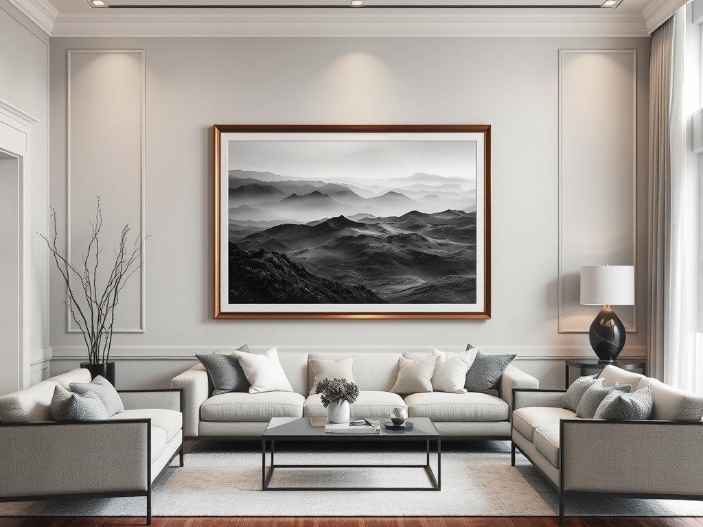 Fine art photography print in an elegant frame displayed in a stylish living room