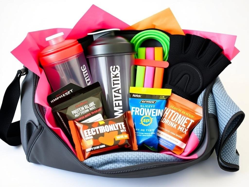 Fitness themed gift basket with workout accessories and supplements