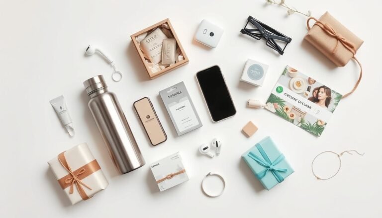 Flat lay of various millennial-friendly gifts including sustainable products, tech gadgets, and experience vouchers