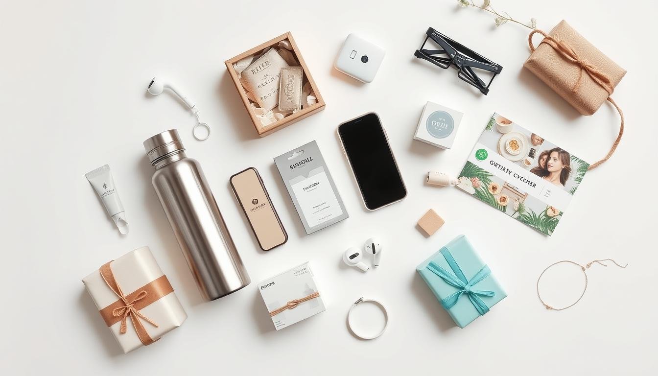 Flat lay of various millennial-friendly gifts including sustainable products, tech gadgets, and experience vouchers