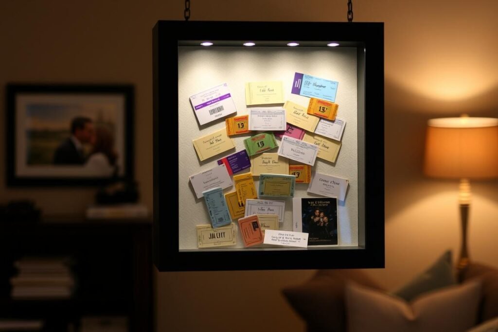 Framed concert tickets and movie stubs in a shadow box, a nostalgic sentimental gift for boyfriend