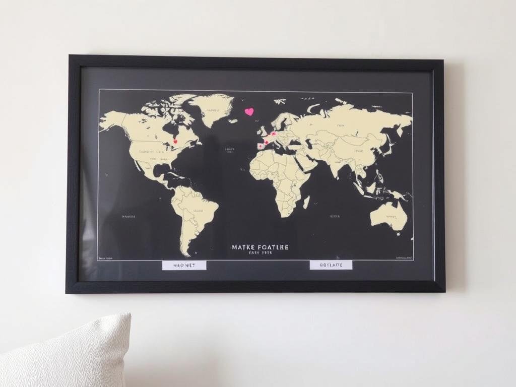 Framed custom map art showing significant locations in a relationship