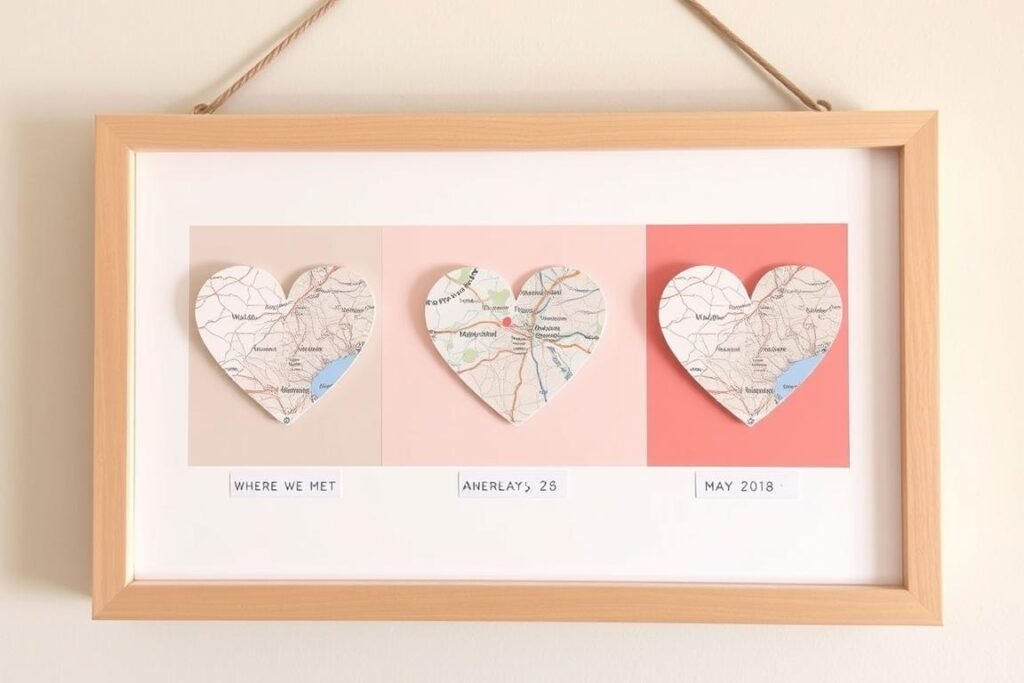 Framed custom map art showing three significant locations in a couple's relationship with dates and captions