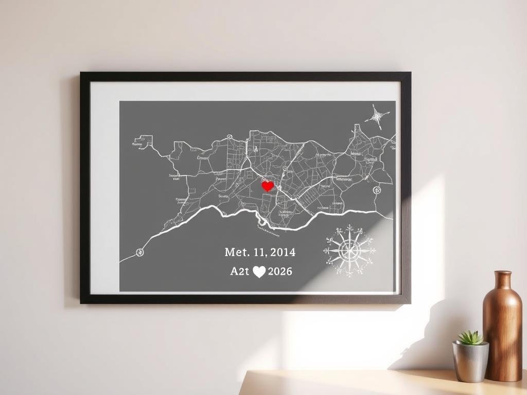 Framed custom map print showing a special location for the couple