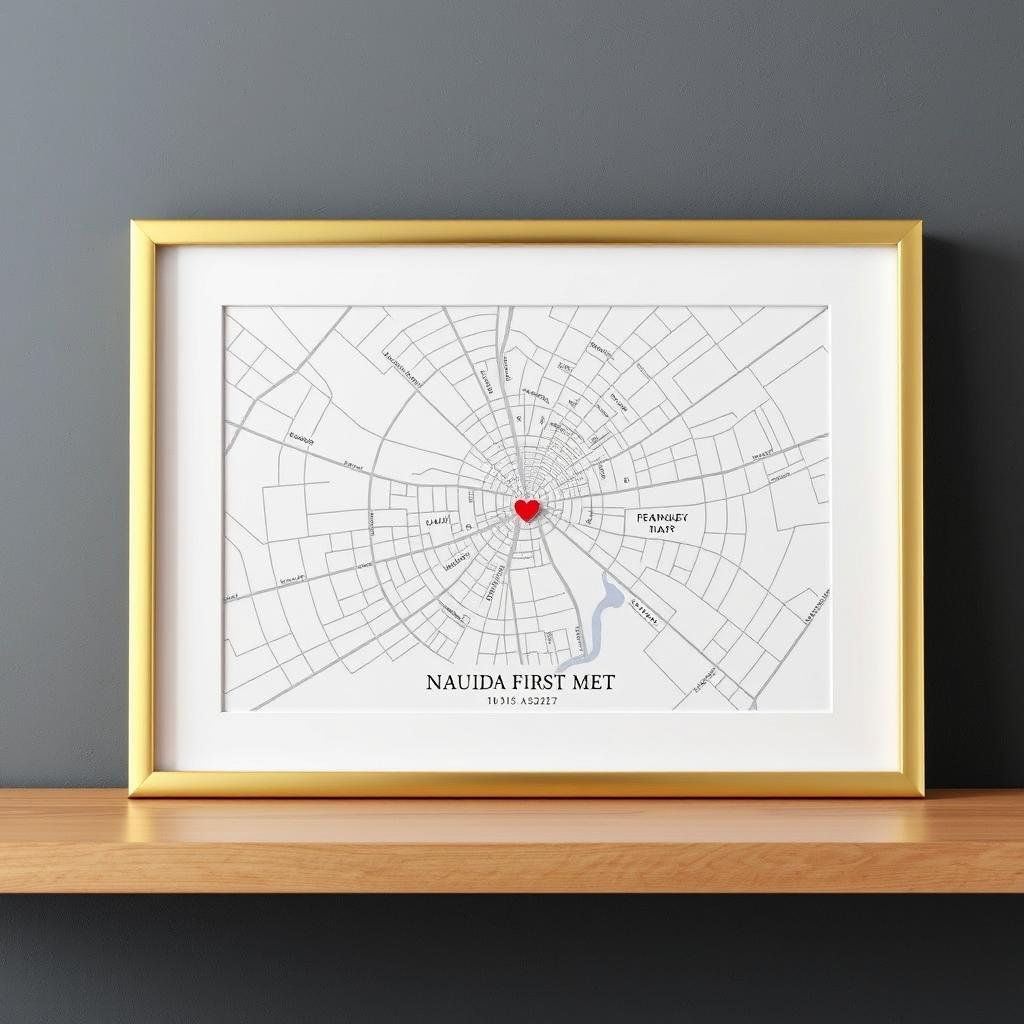 Framed custom map showing where couple first met for 1 year anniversary gift
