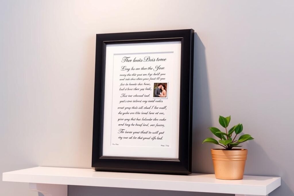 Framed custom song lyric art with couple's photo for anniversary gift