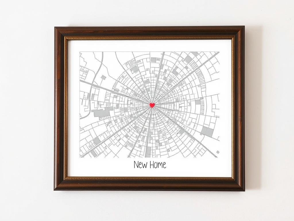 Framed map print showing the location of new home for housewarming gift ideas