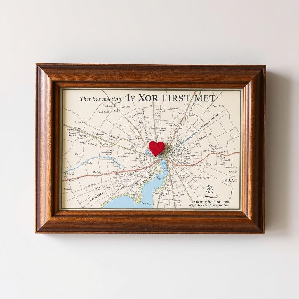 Framed map showing where a couple first met, with a heart marking the spot Framed map showing where a couple first met, with a heart marking the spot