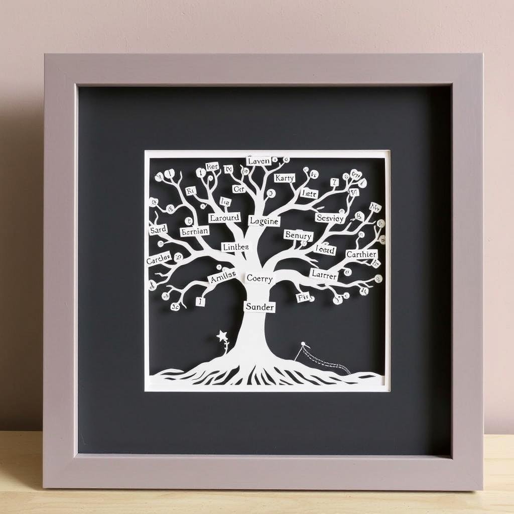 Framed paper cut art showing a family tree with names and dates Framed paper cut art showing a family tree with names and dates