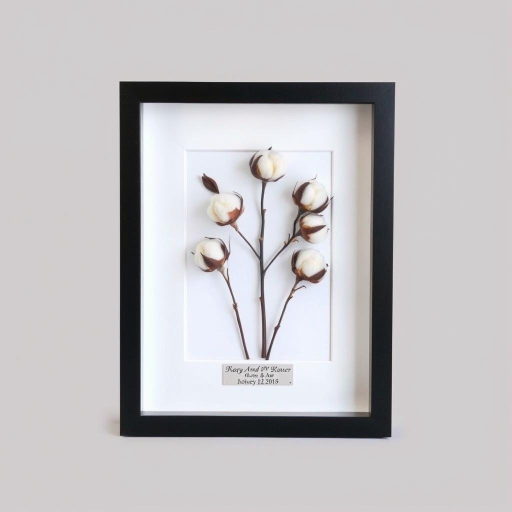 Framed raw cotton bolls display as a unique cotton anniversary gift for him