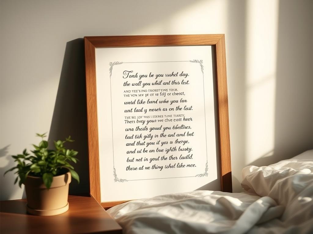 Framed song lyric art with calligraphy and decorative elements on a bedside table