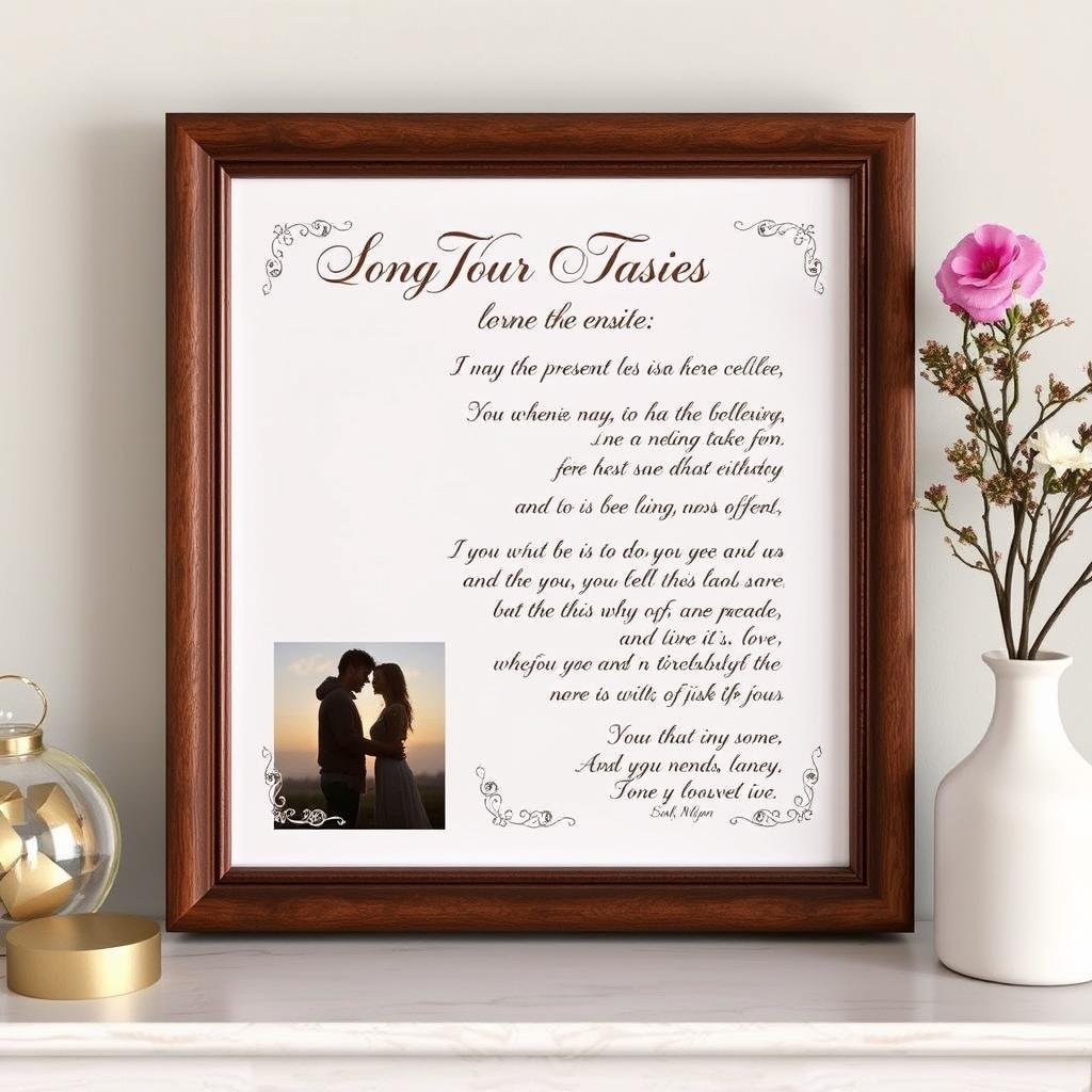 Framed song lyrics with couple's photo for anniversary gift ideas