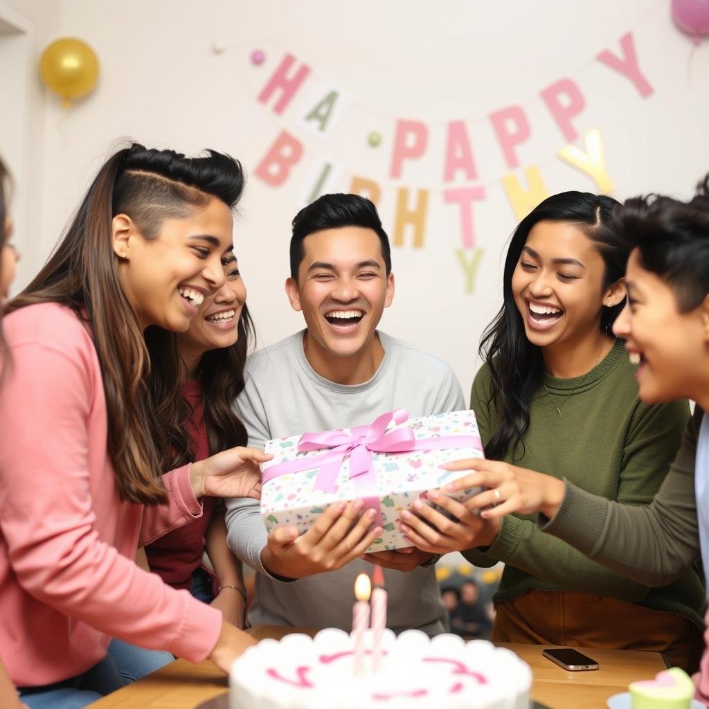 Friends celebrating a birthday with personalized gifts and genuine joy