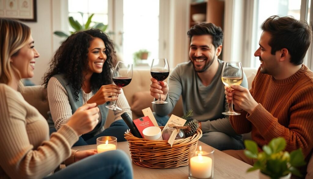 Friends enjoying items from a housewarming gift basket in a new home