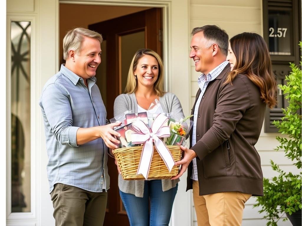 Friends presenting a housewarming gift basket to new homeowners at their front door