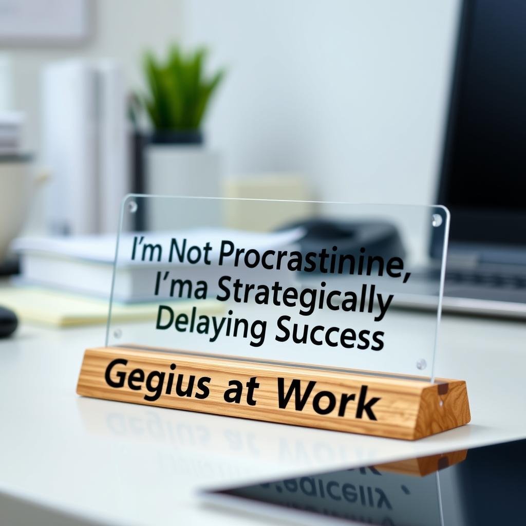 Funny desk sign with office humor saying displayed on a desk