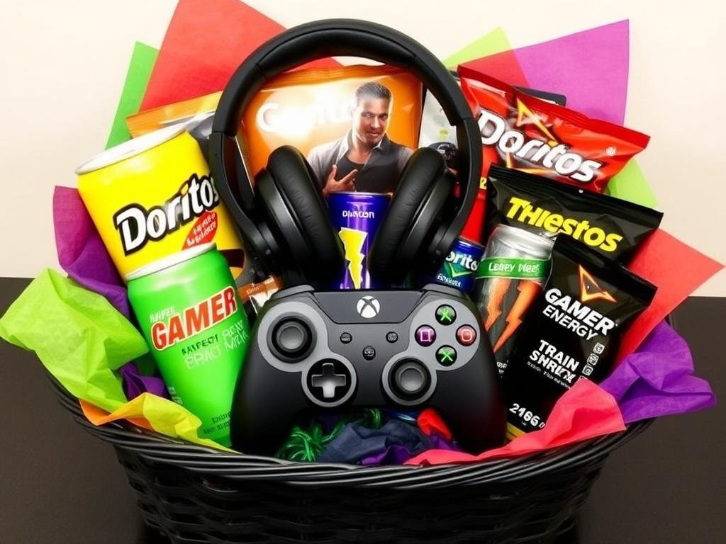 Gaming themed gift basket with controller, snacks, and energy drinks