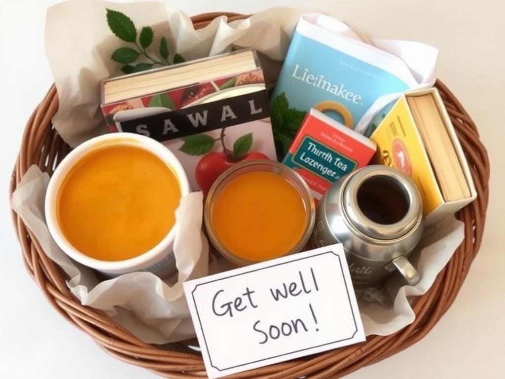 Get well soon basket with soup and comfort items for neighbors