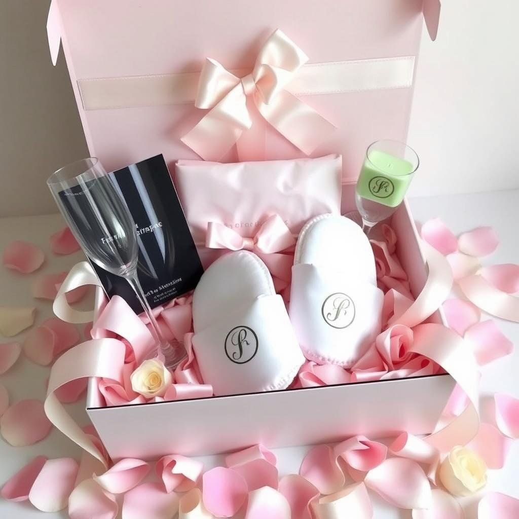 Getting ready themed bridesmaid gift box with robes and slippers