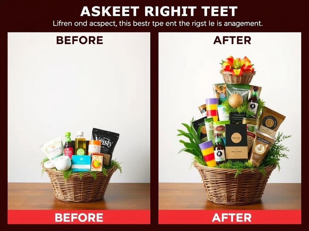 Gift basket arrangement showing tiered placement of items for maximum visual appeal