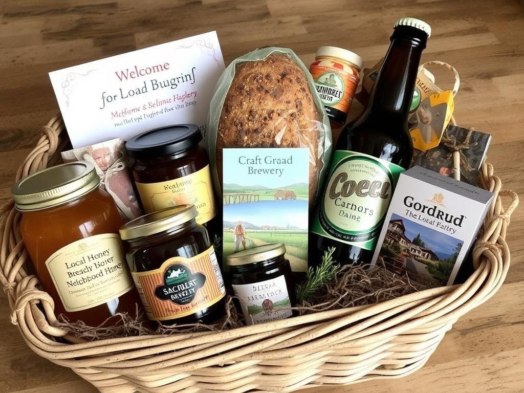 Gift basket featuring local specialty foods and products from small businesses