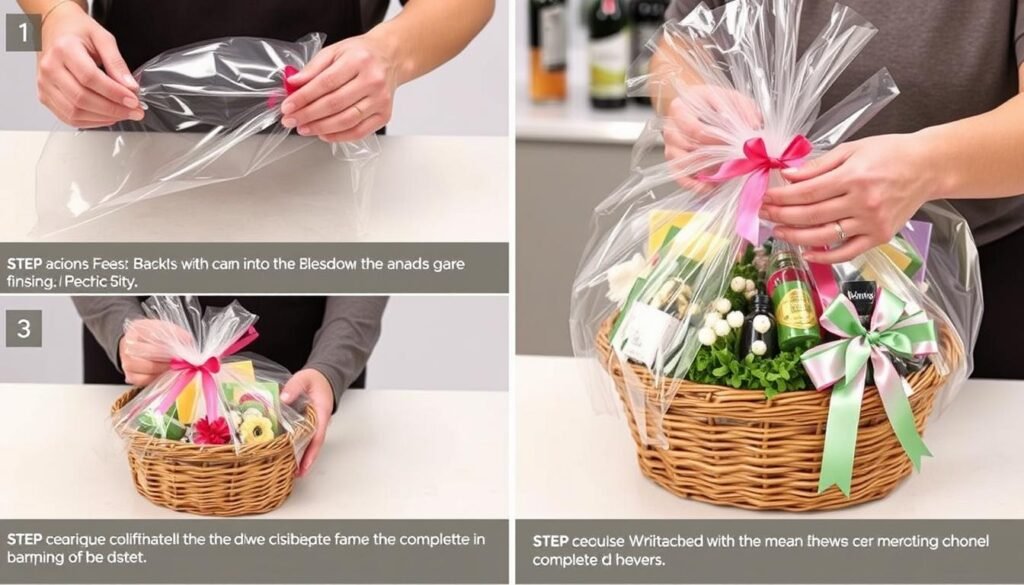 Gift basket wrapping demonstration with cellophane, ribbon, and decorative elements