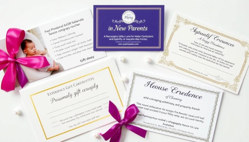 Gift certificates for baby photography session, meal delivery service, and house cleaning displayed attractively