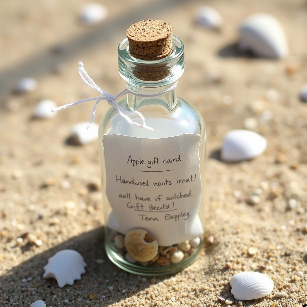 Glass bottle containing rolled Apple gift card and note