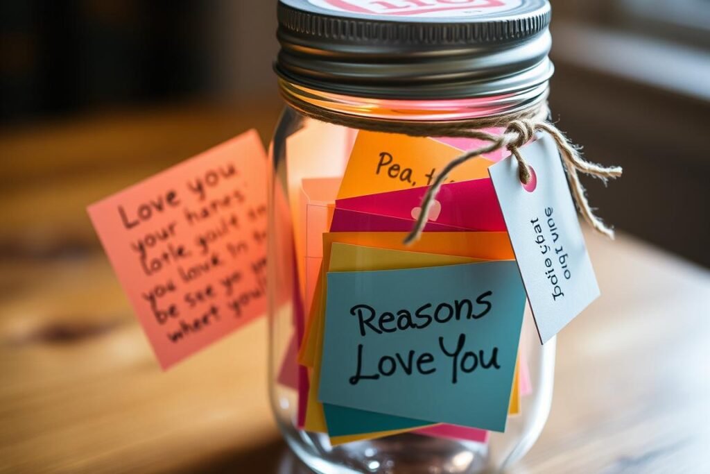 Glass jar filled with colorful folded love notes as a boyfriend anniversary gift