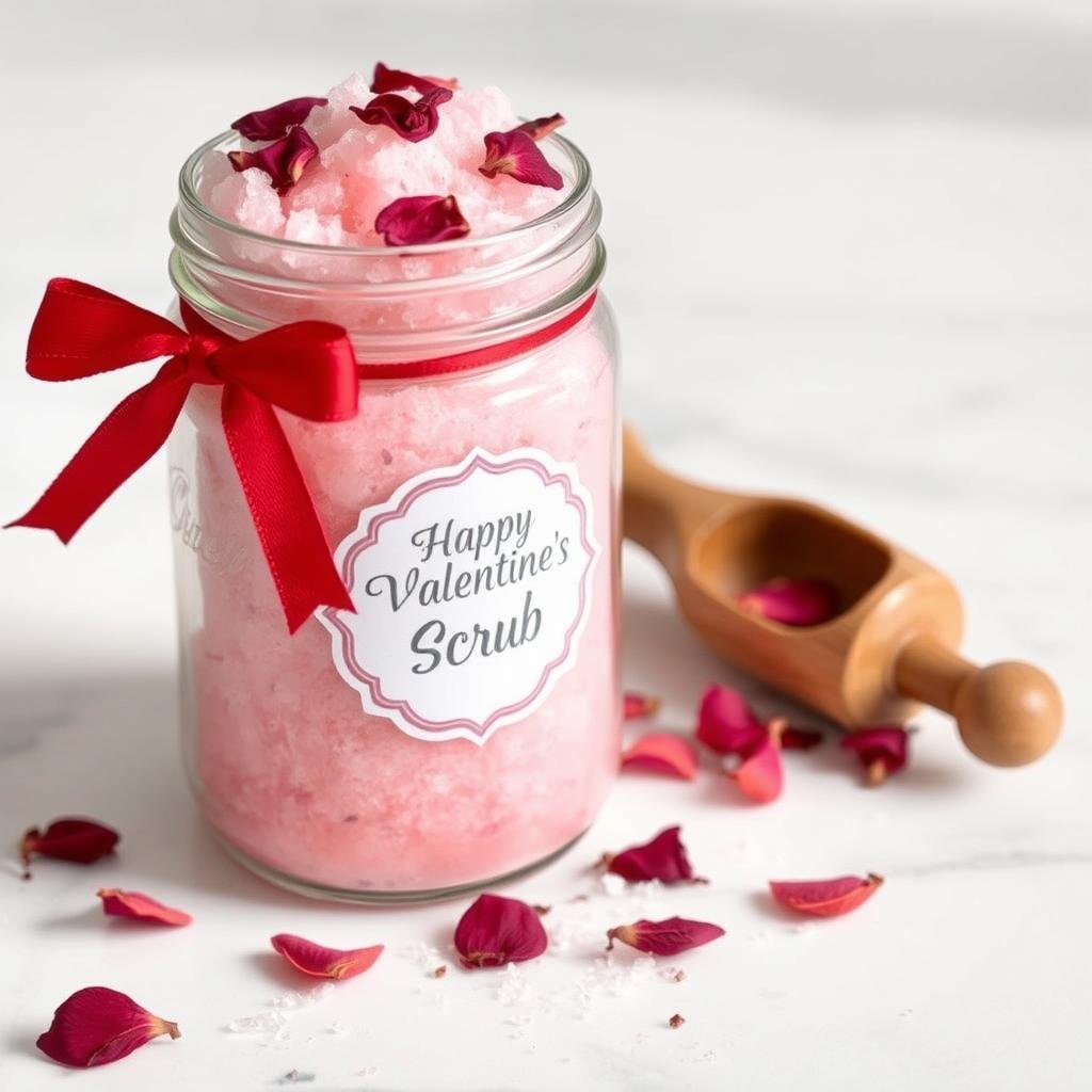 Glass jar of pink sugar scrub with rose petals on top and a decorative label