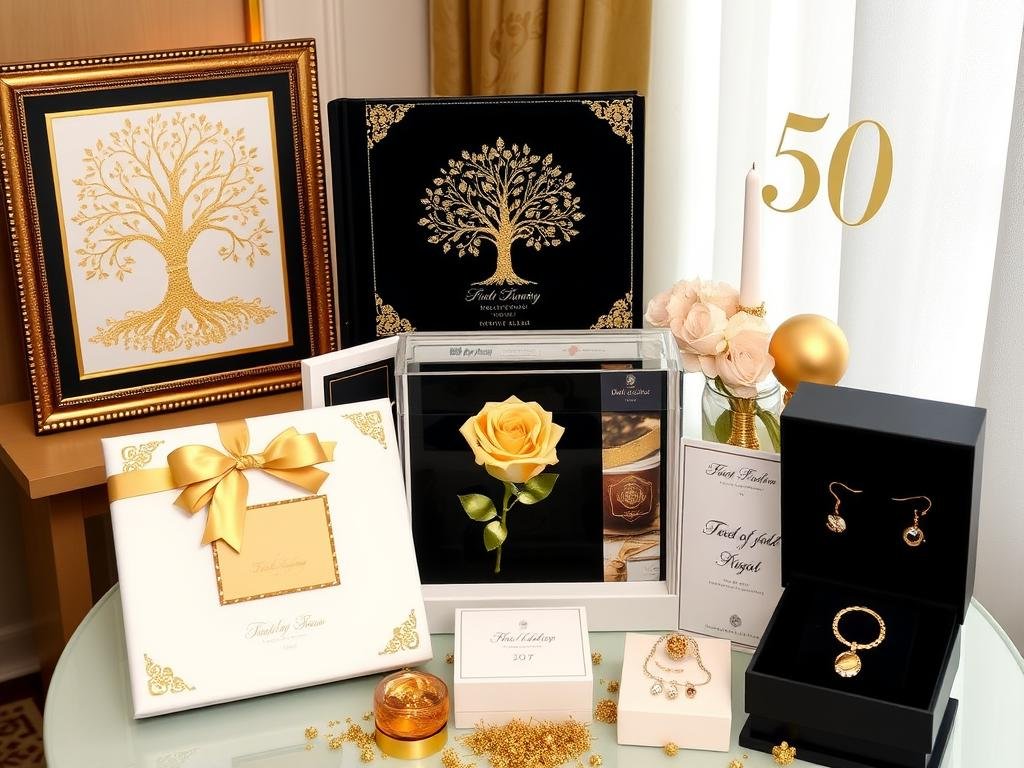 Gold anniversary gifts including jewelry and photo albums for anniversary gift ideas