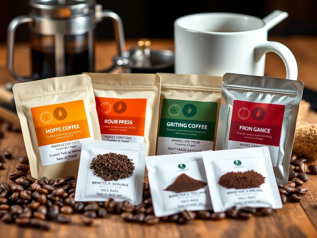 Gourmet coffee sampler with various beans and a quality mug