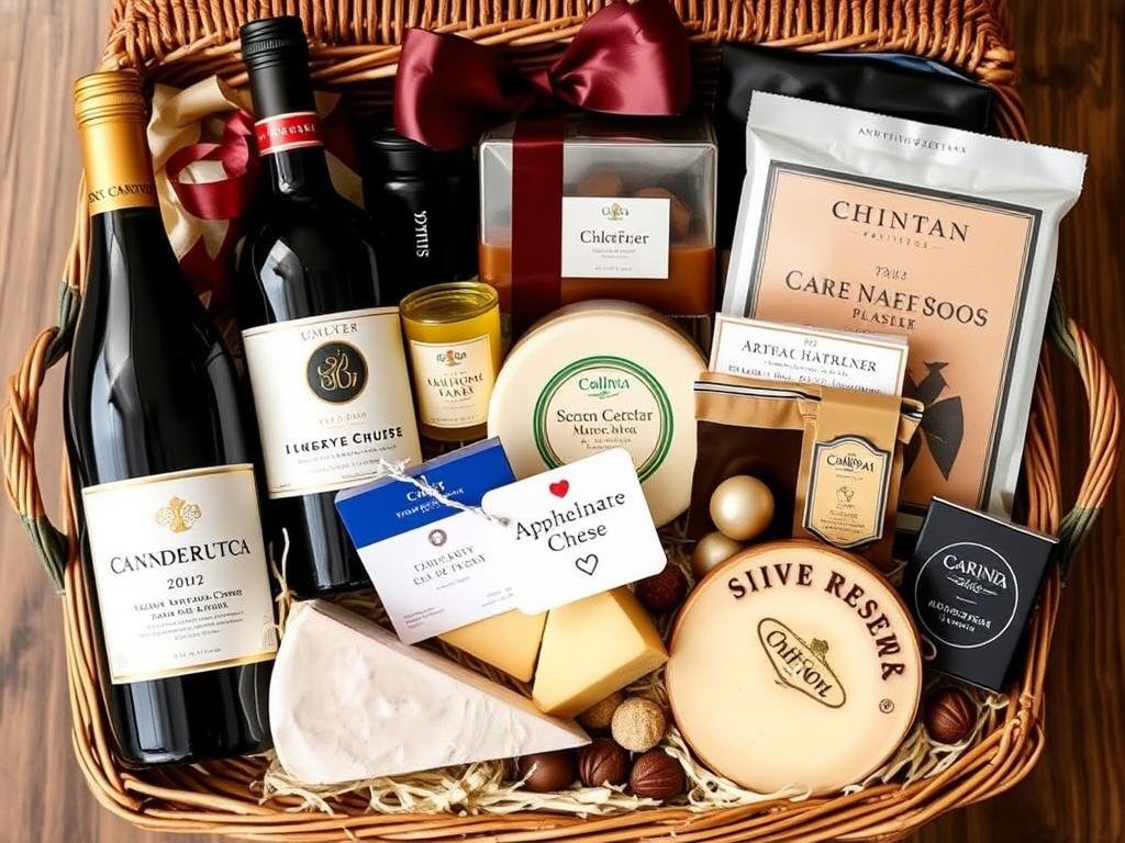 Gourmet food basket with wine and treats as an anniversary gift