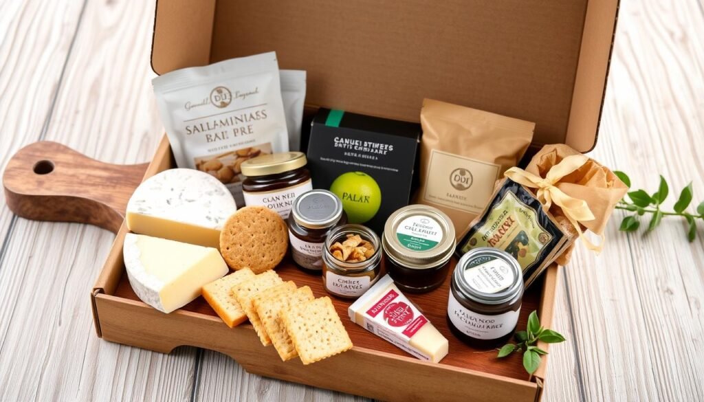 Gourmet food subscription box with artisanal products for anniversary
