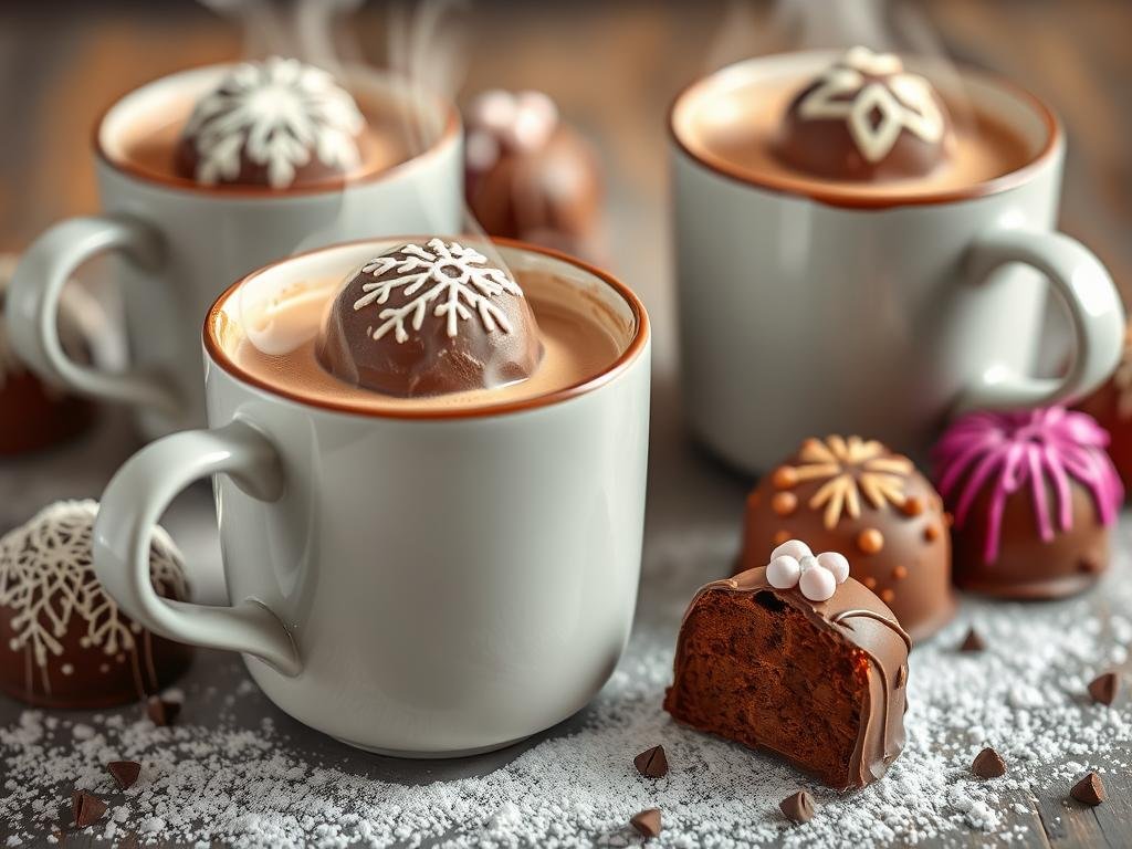 Gourmet hot chocolate bombs melting in mugs of hot milk