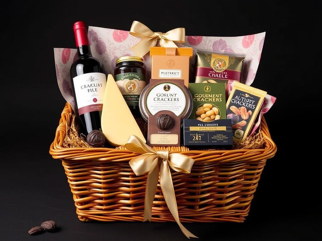 Gourmet housewarming gift basket with wine, cheese, and crackers