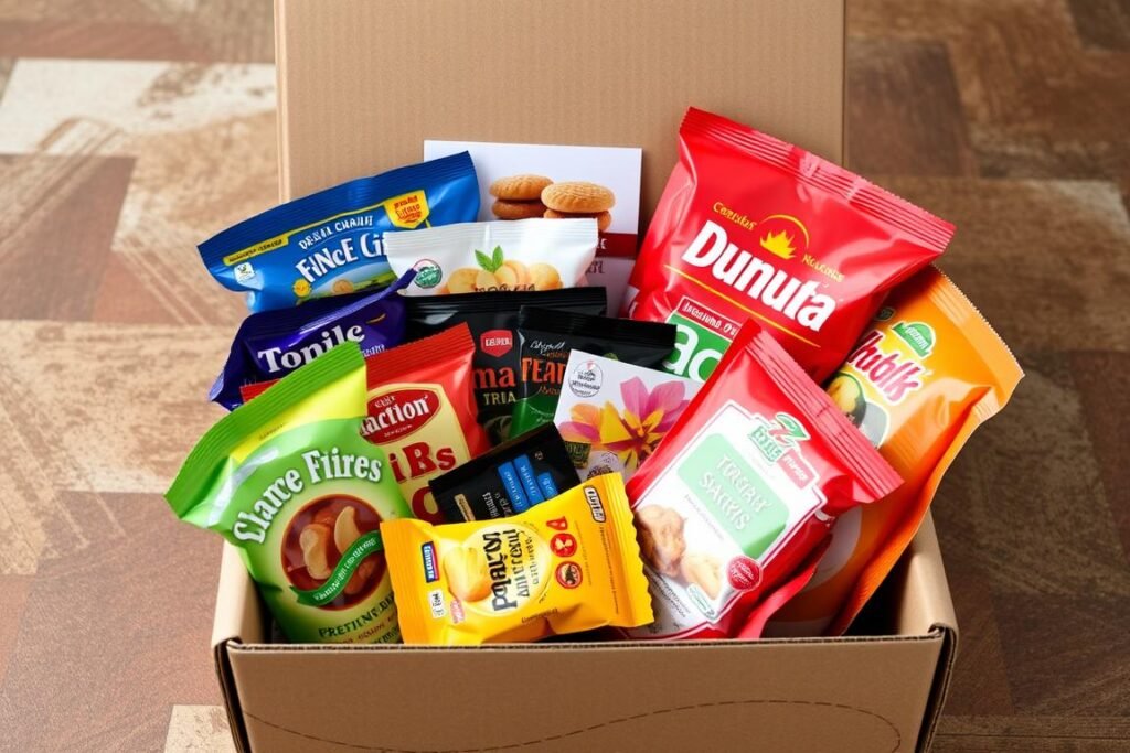 Gourmet international snack box with variety of treats