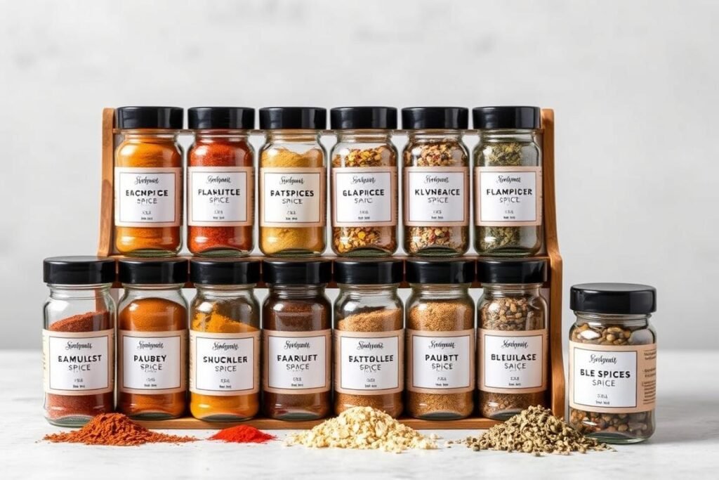 Gourmet spice collection in matching jars with a wooden rack