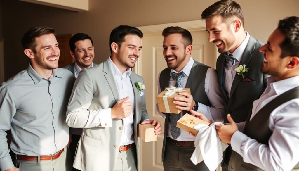 Groom and groomsmen celebrating together with their personalized gifts