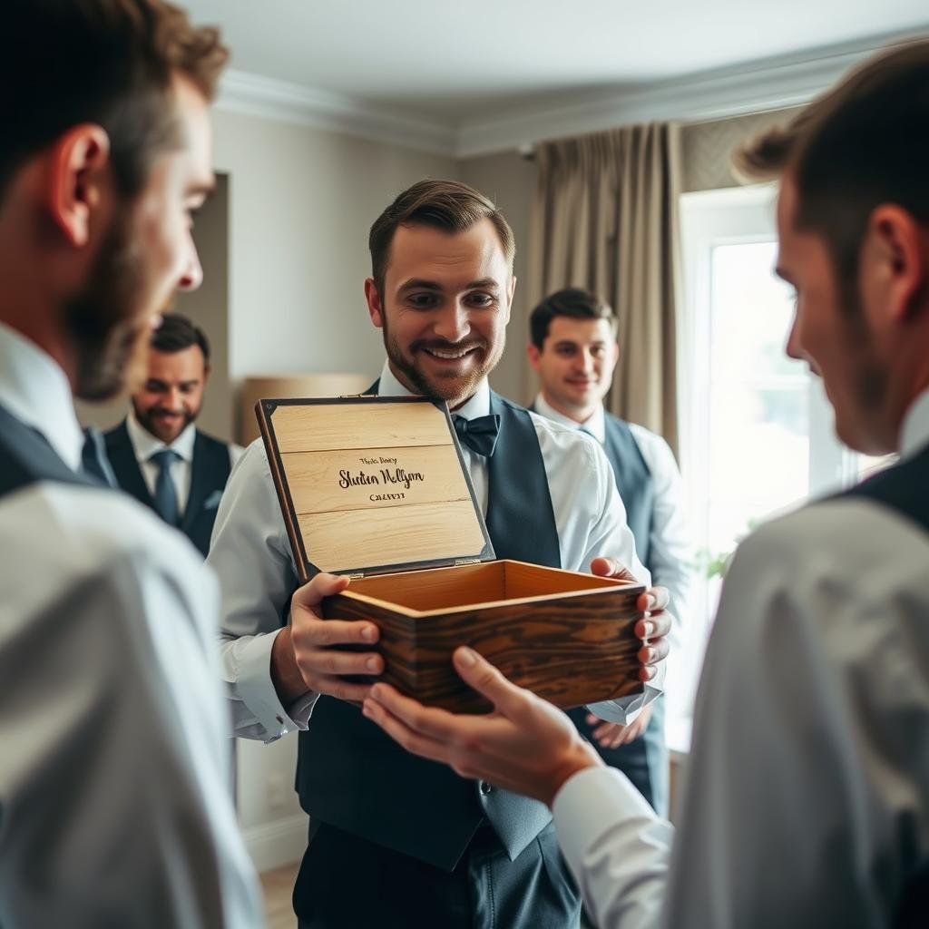 Groomsman opening a personalized gift box with a surprised and appreciative expression