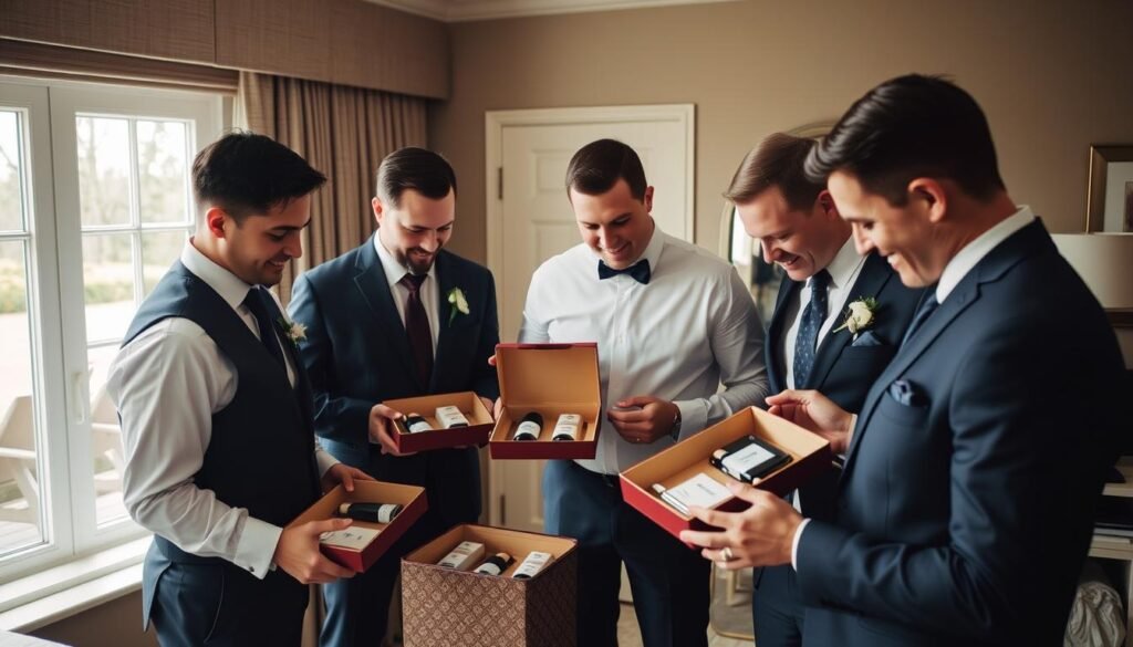 Groomsmen opening coordinated gift sets together before the wedding